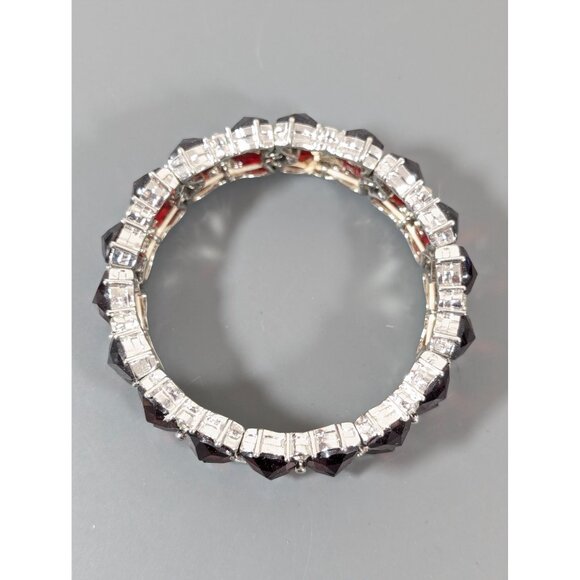 Monet Red Rhinestone Tennis Bracelet 7" Stretch Silver Tone - Picture 2 of 8